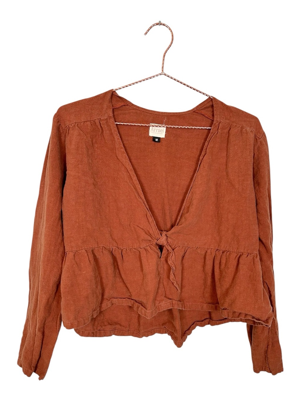 Arraei Rust Tie-Front Cotton Peasant Blouse